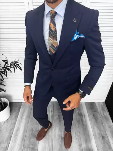 Costum barbati slim fit bleumarin 3 piese 13347 D3-3.3