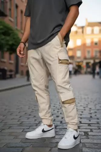 Pantaloni de trening cargo bej conici Y201 P19-4.2