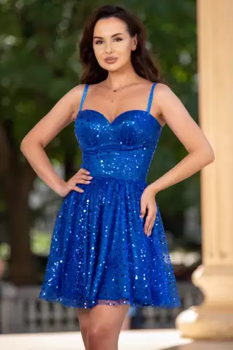 Rochie de ocazie mini albastru royal in clos decorata cu paiete