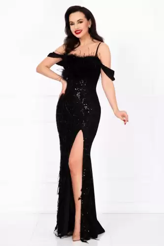 Rochie de seara eleganta neagra Casiana decorata cu margele si fulgi