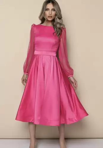 Rochie din tafta fucsia cu maneci transparente