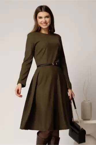 Rochie DY Fashion din tricot kaki cu curea subtire si fusta clos