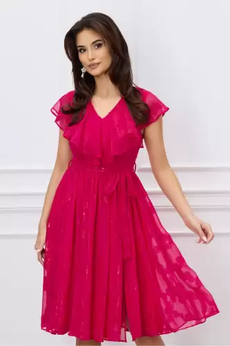 Rochie DY Fashion fucsia din voal cu buline si cordon in talie