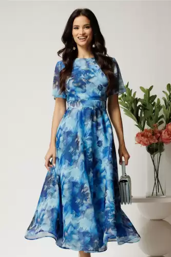 Rochie DY Fashion lunga albastra cu imprimeu floral din voal in croi clos