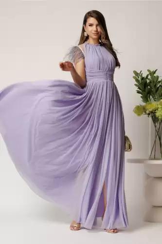Rochie DY Fashion lunga lila din tull fin cu pene la umeri