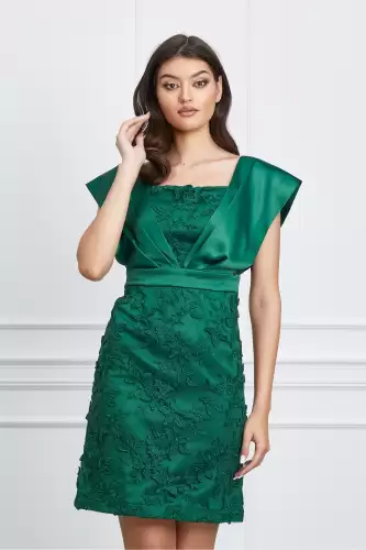 Rochie Dy Fashion verde din dantela cu tafta pe umeri