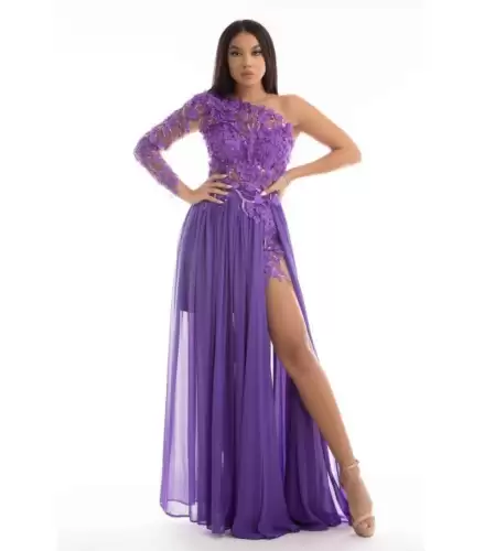 Rochie eleganta lunga din voal violet cu broderie florala 3D aplicata manual