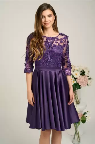Rochie Ella Collection Ana eleganta din tafta mov cu broderie florala 3D la bust