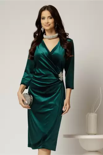 Rochie Felicia verde cu aplicatie tip floare cu strassuri