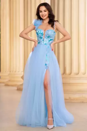 Rochie lunga bleu Palmira cu fusta din tulle si bust brodat