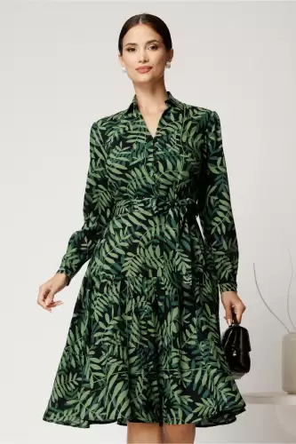 Rochie midi cu frunze verzi din viscoza cu nasturi pe bust si cordon in talie