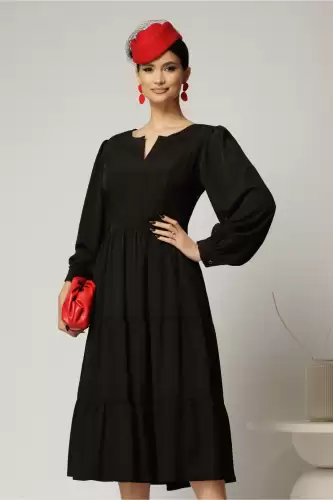 Rochie midi neagra cu volan la fusta si decolteu discret in V