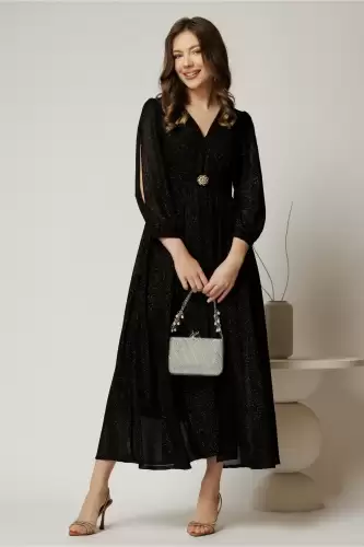 Rochie midi neagra de ocazie din voal cu sclipici