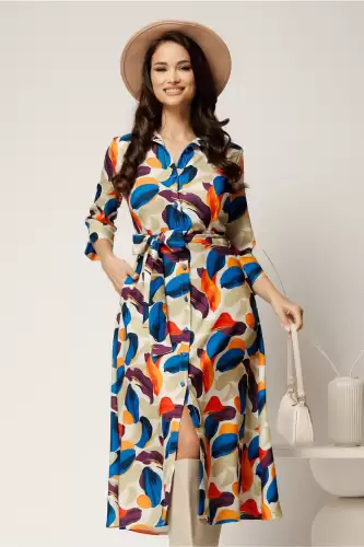 Rochie midi tip camasa cu imprimeuri portocalii si curea in talie