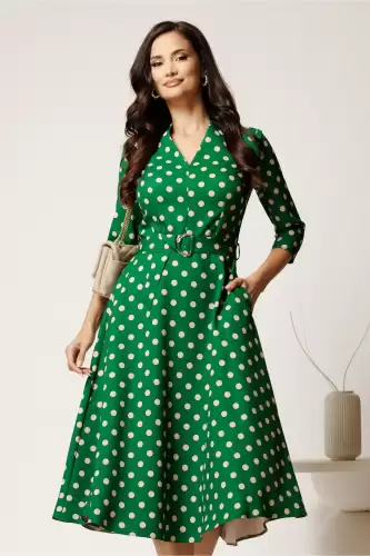 Rochie midi verde cu buline din stofa cu cordon in talie