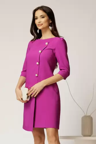 Rochie office din stofa magenta cu nasturi perlati