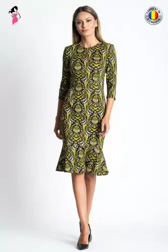 Rochie Xara eleganta conica cu imprimeu baroc si volan la baza