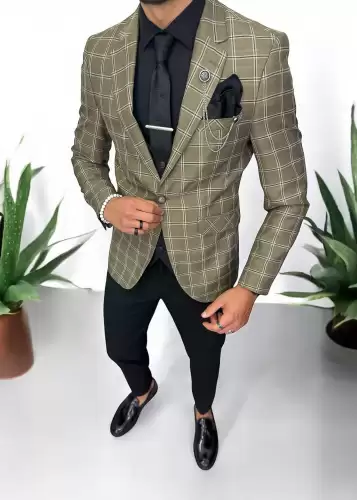 Sacou barbati slim fit kaki in carouri 875 22A-1