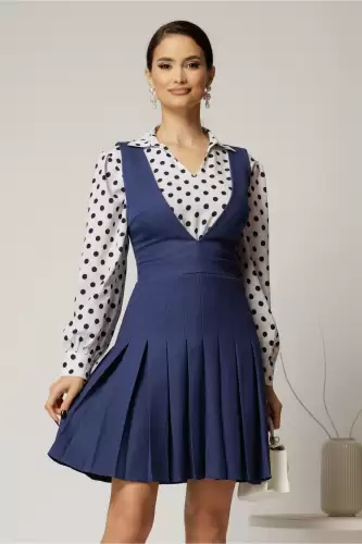 Sarafan DY Fashion albastru din stofa cu pliuri si decolteu adanc