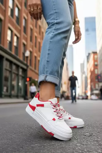 Adidasi dama casual albi cu rosu 8002 T3-3