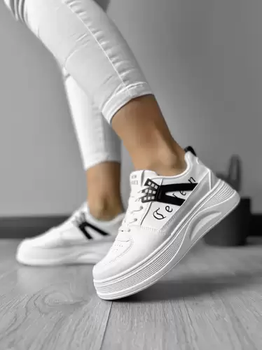 Adidasi dama casual cu talpa inalta albi cu negru CL2331 T13-3