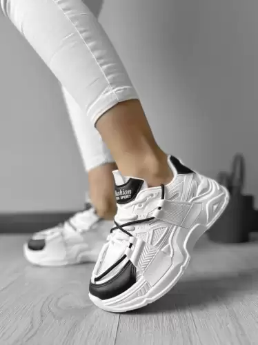 Adidasi dama casual cu talpa inalta albi cu negru CL2401 T5-4
