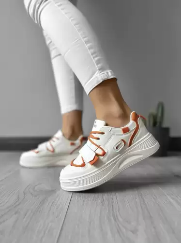 Adidasi dama casual cu talpa inalta  albi cu orange CL2333 T7-1