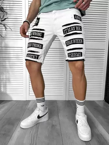 Blugi barbati scurti conici albi  cu stikere  4064 D2-2.3