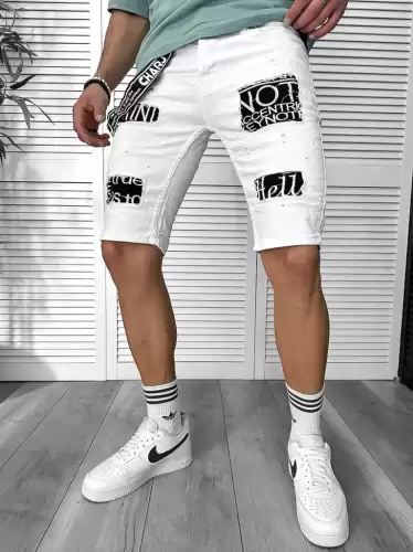 Blugi barbati scurti conici albi cu stikere 4600 G6-5