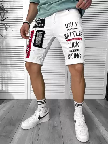 Blugi barbati scurti conici albi  cu stikere  4602 H3-3