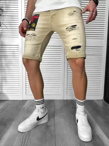 Blugi barbati scurti conici bej  cu stikere 7044 H6-4