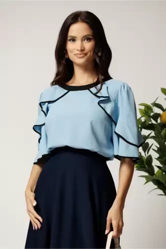 Bluza bleu din viscoza cu volane la maneci