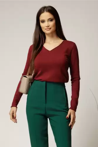 Bluza bordo din tricot cu decolteu in V si fir lurex