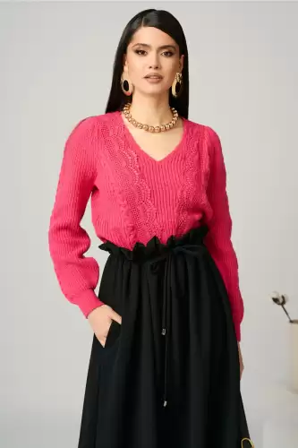 Bluza casual din tricot fucsia cu dantela