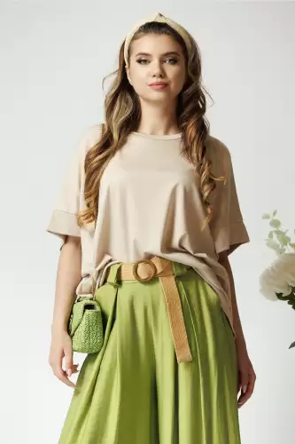 Bluza casual oversize din viscoza bej cu maneca scurta