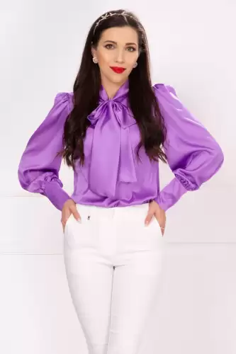 Bluza dama lila din satin cu funda stilizata