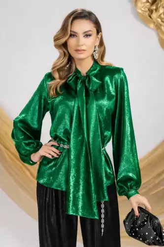 Bluza dama verde cu esarfa maxi si efect metalizat