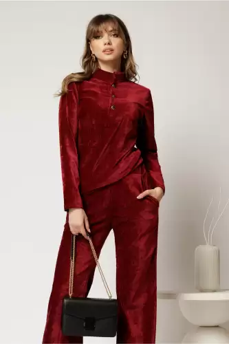 Bluza DY Fashion bordo din catifea velurata cu nasturi la bust