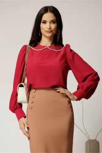 Bluza DY Fashion eleganta din triplu voal fucsia cu detalii perlate la guler