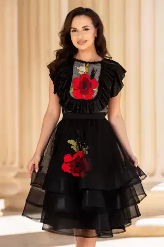 Bluza eleganta Effect din tulle cu buline si broderie florala