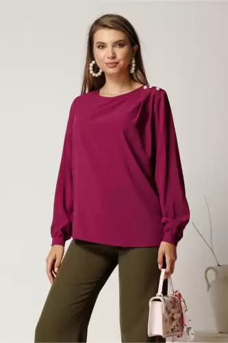 Bluza magenta eleganta din voal cu perle pe umar
