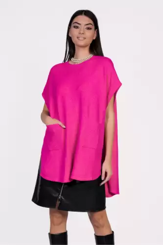 Bluza Mona tip poncho fucsia din tricot cu buzunare