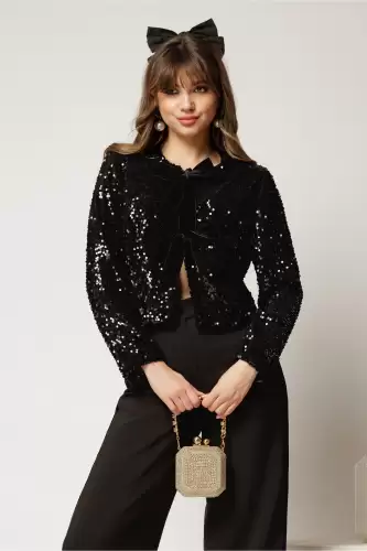 Bolero DY Fashion negru din catifea cu paiete