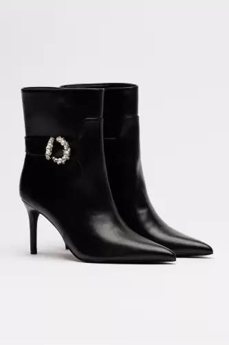 Botine negre din piele ecologica cu toc subtire si accesoriu