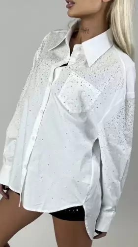 Camasa dama alba asimetrica cu strasuri