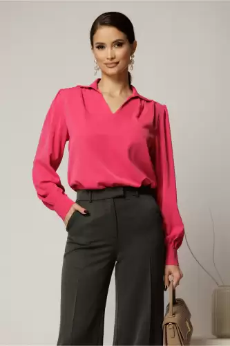 Camasa dama fucsia cu decolteu adanc si maneca lunga