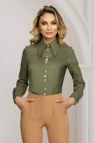 Camasa dama office kaki cambrata cu nasturi pretiosi