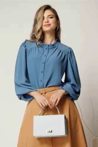 Camasa DY Fashion albastra din voal plin cu guler incretit