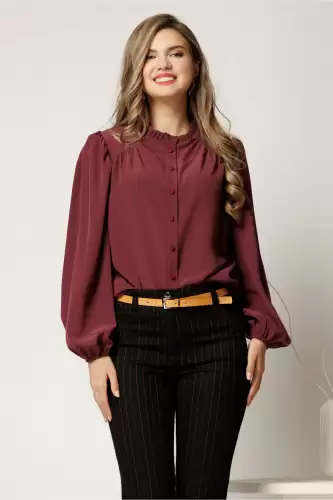 Camasa DY Fashion burgundy din voal plin cu guler incretit