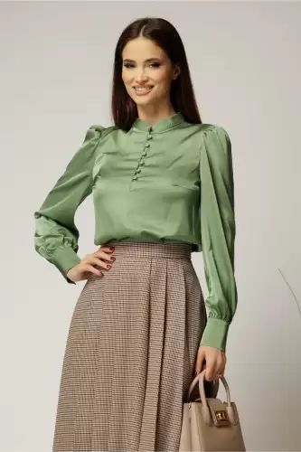 Camasa DY Fashion din satin verde fistic cu nasturi la bust si guler tunica